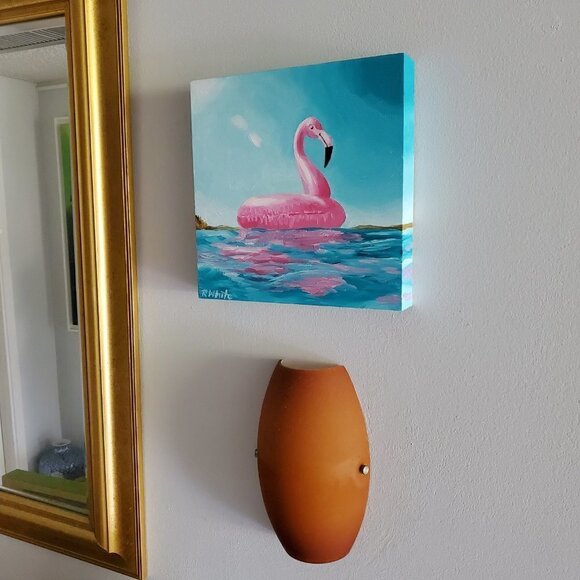 "Happy Flamingo" Original Oil Painting on Wood by Robin White 10 x 10 x 1.5" - Picture 2 of 6